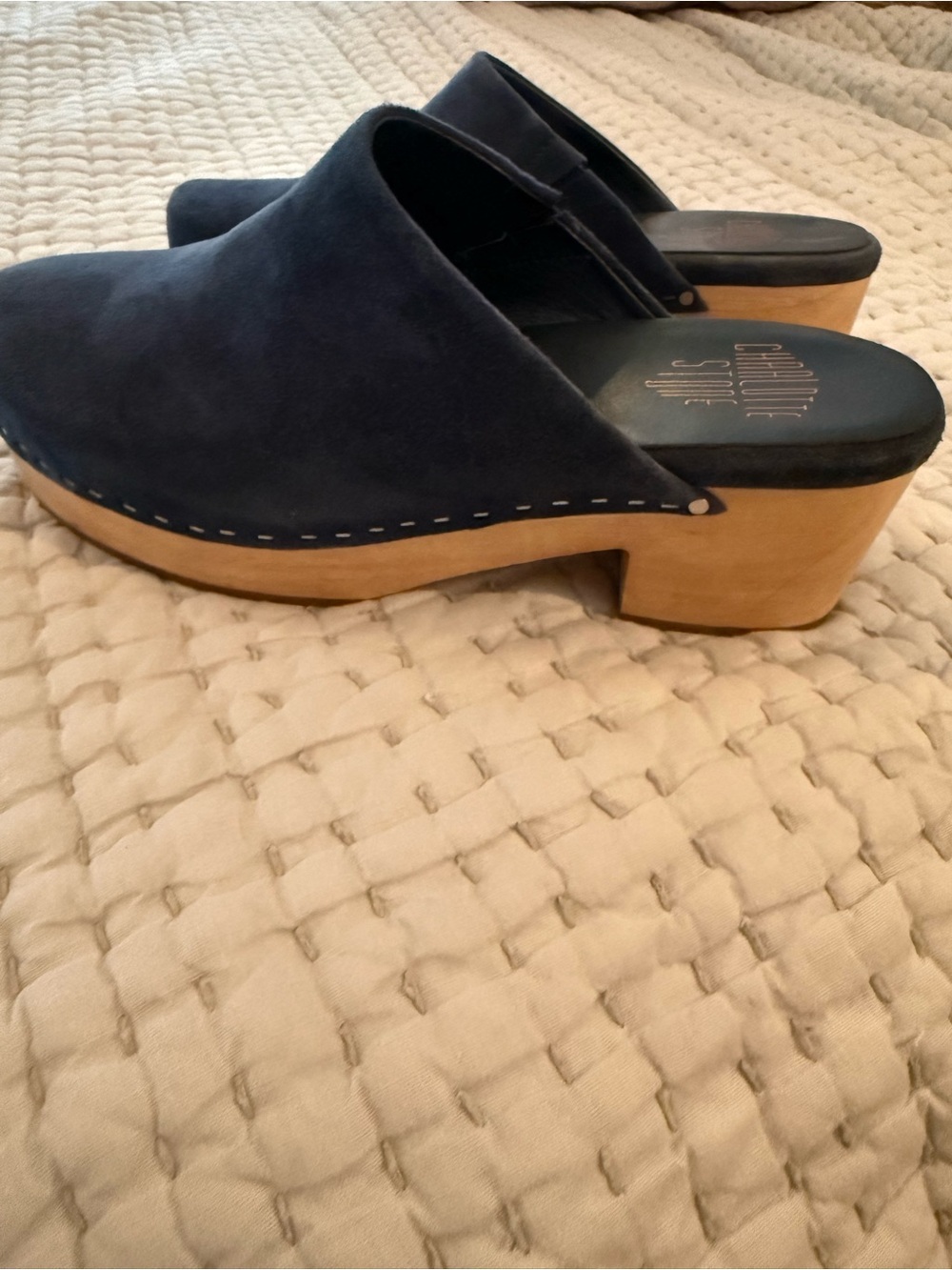 Charlotte Stone Navy Suede Mule Clogs with Wood Heel